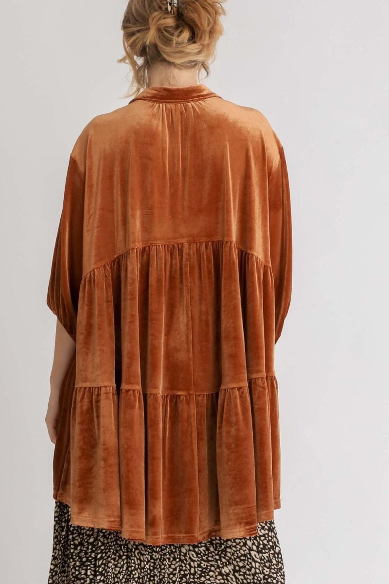 Umgee Full Size Button Down Tiered Back High Low Shirt - Love Salve